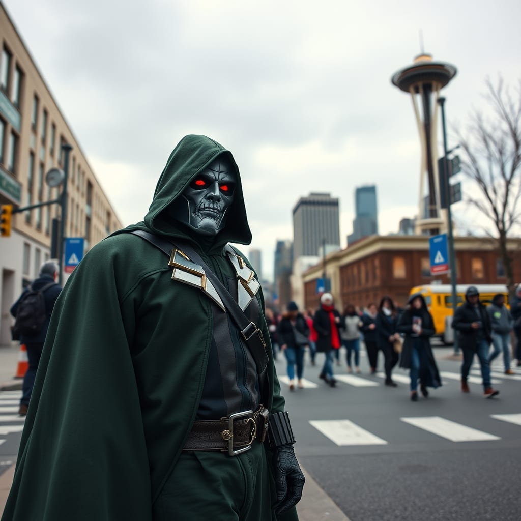Un activista disfrazado de Doctor Doom criticó la vigilancia en Seattle